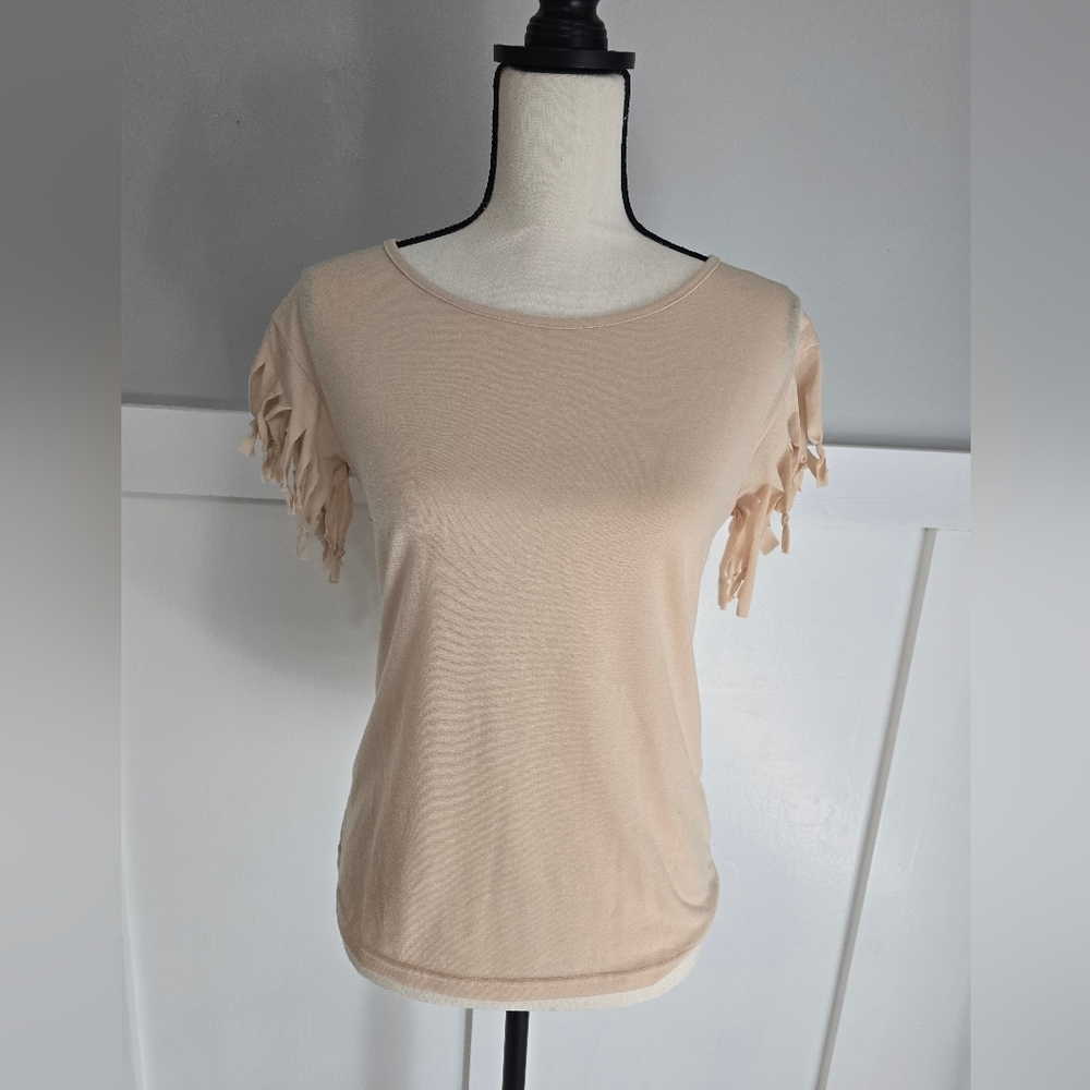 Women’s Short Sleeve Fringe Sleeve Top - Cream Sz S